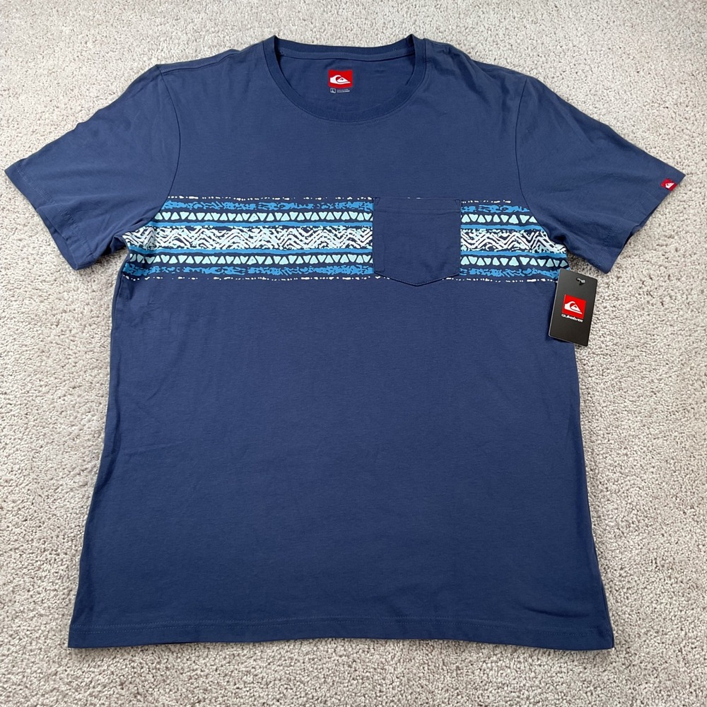 Quiksilver Mens Large Navy Blue Tribal Stripe Pocket Graphic T-Shirt New Tags‎